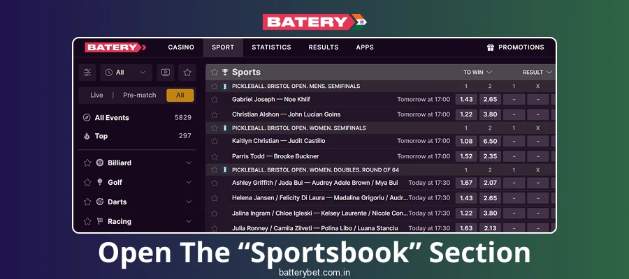 Select a sports category on Batery Bet India