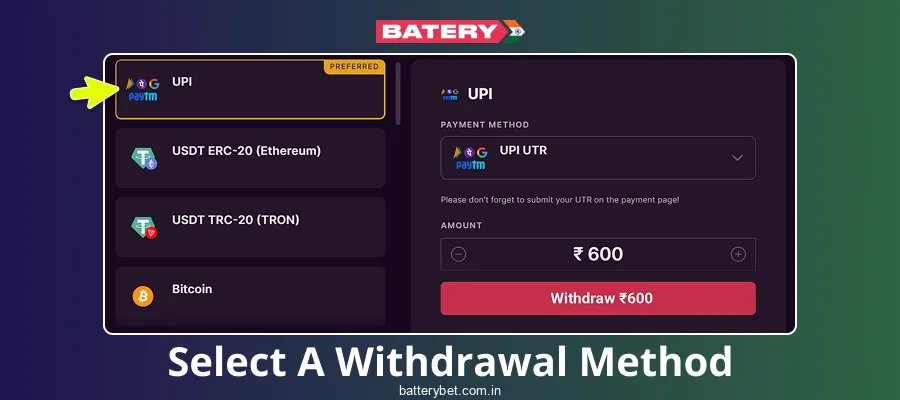 Select Batery Bet India Withdrawal Method