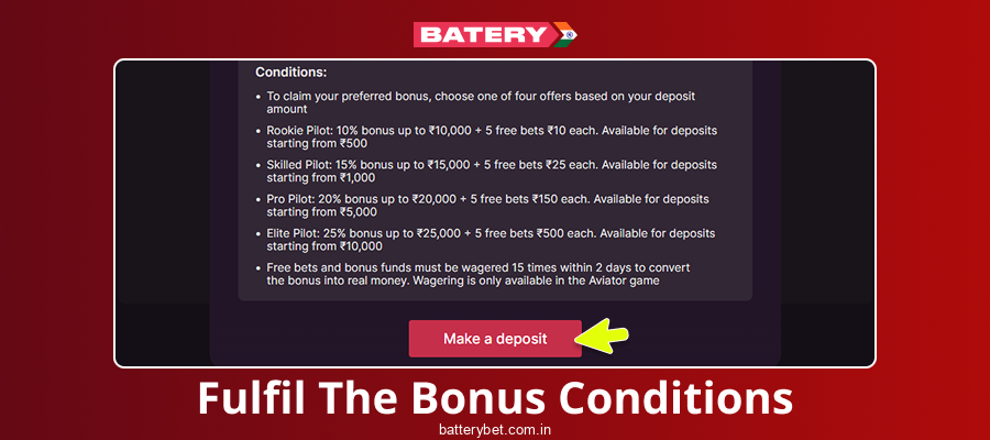 Explore bonus requirements at Batery Bet India