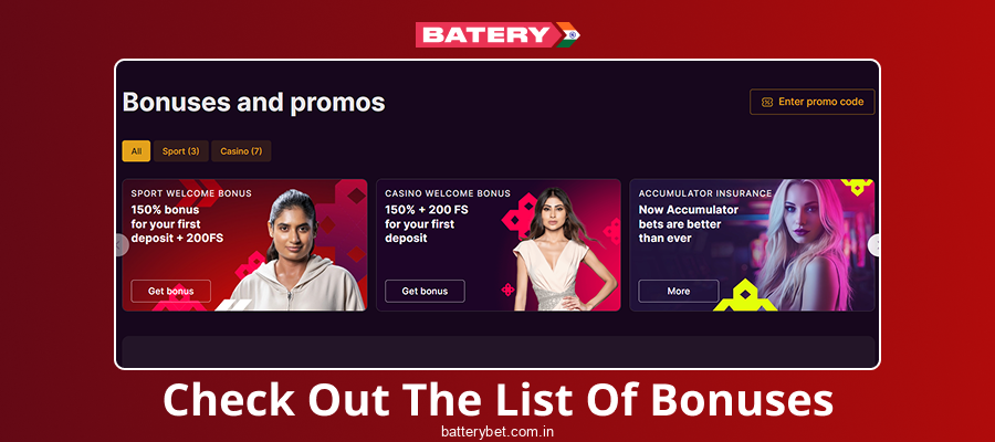 Explore bonuses at Batery Bet IN