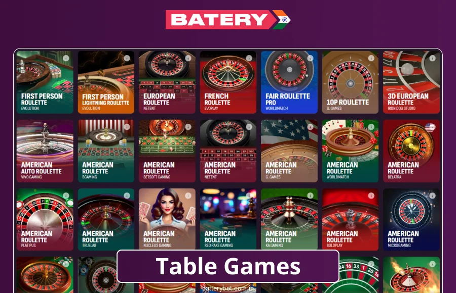 Table Games for Indian players on Batery Bet